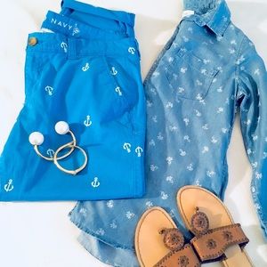 Blue Embroidered Mint Anchor Chino Ankle Pants